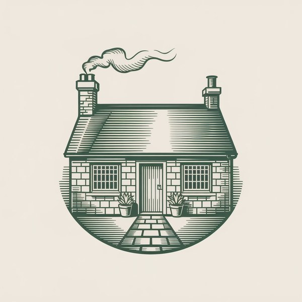 Illustration of a stone cottage with a paved path leading to the front door
