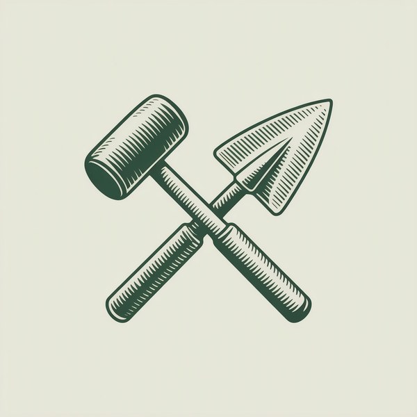 Illustration of a mallet and trowel crossed in a heraldic style