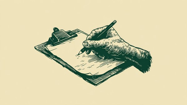 Illustration of a hand writing a quote on a clipboard